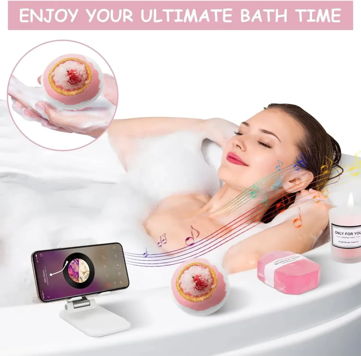 bath time with the bath bomb and soap from the pink spa gift box