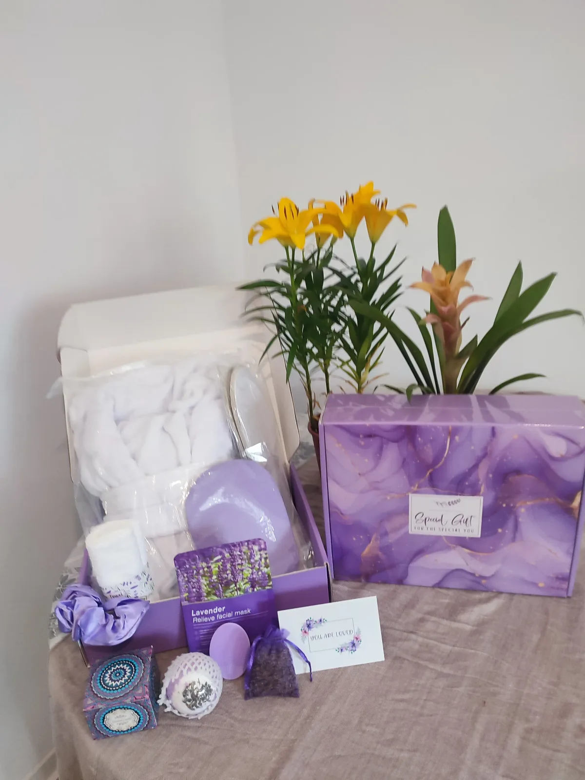 lavender spa gift box as it arrives, robe packed inside