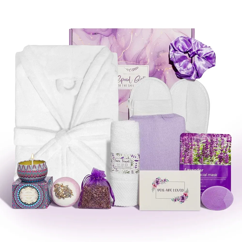 plush white bathrobe and spa slippers from the lavender gift box