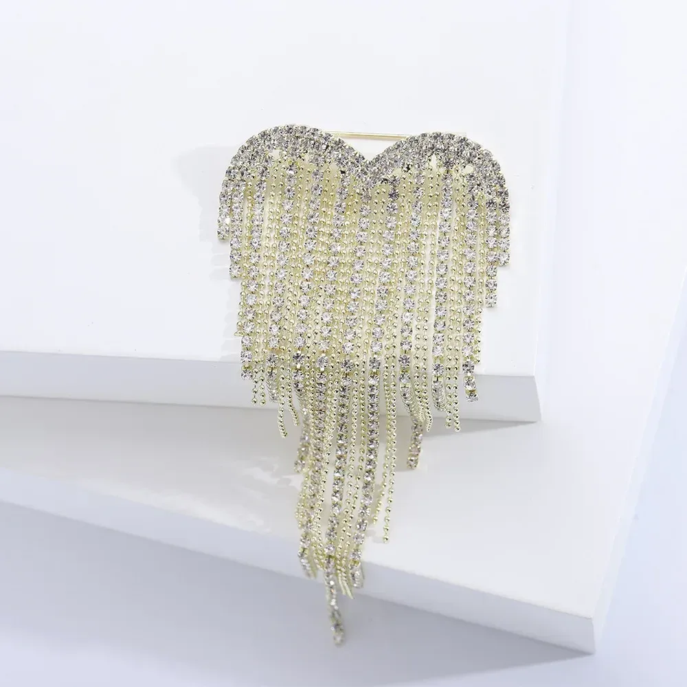 gold heart rhinestone tassel brooch fringe