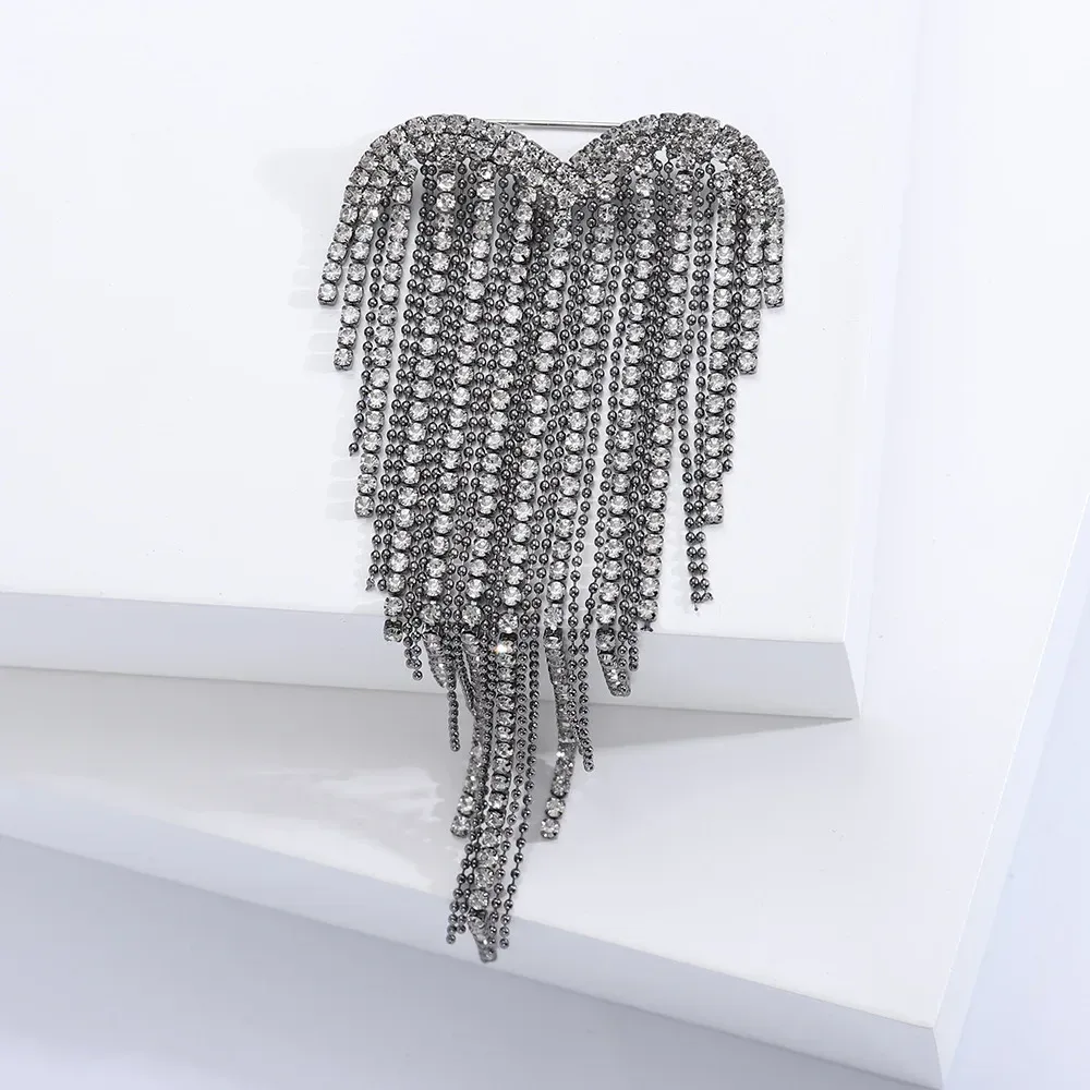 gunmetal heart rhinestone tassel brooch