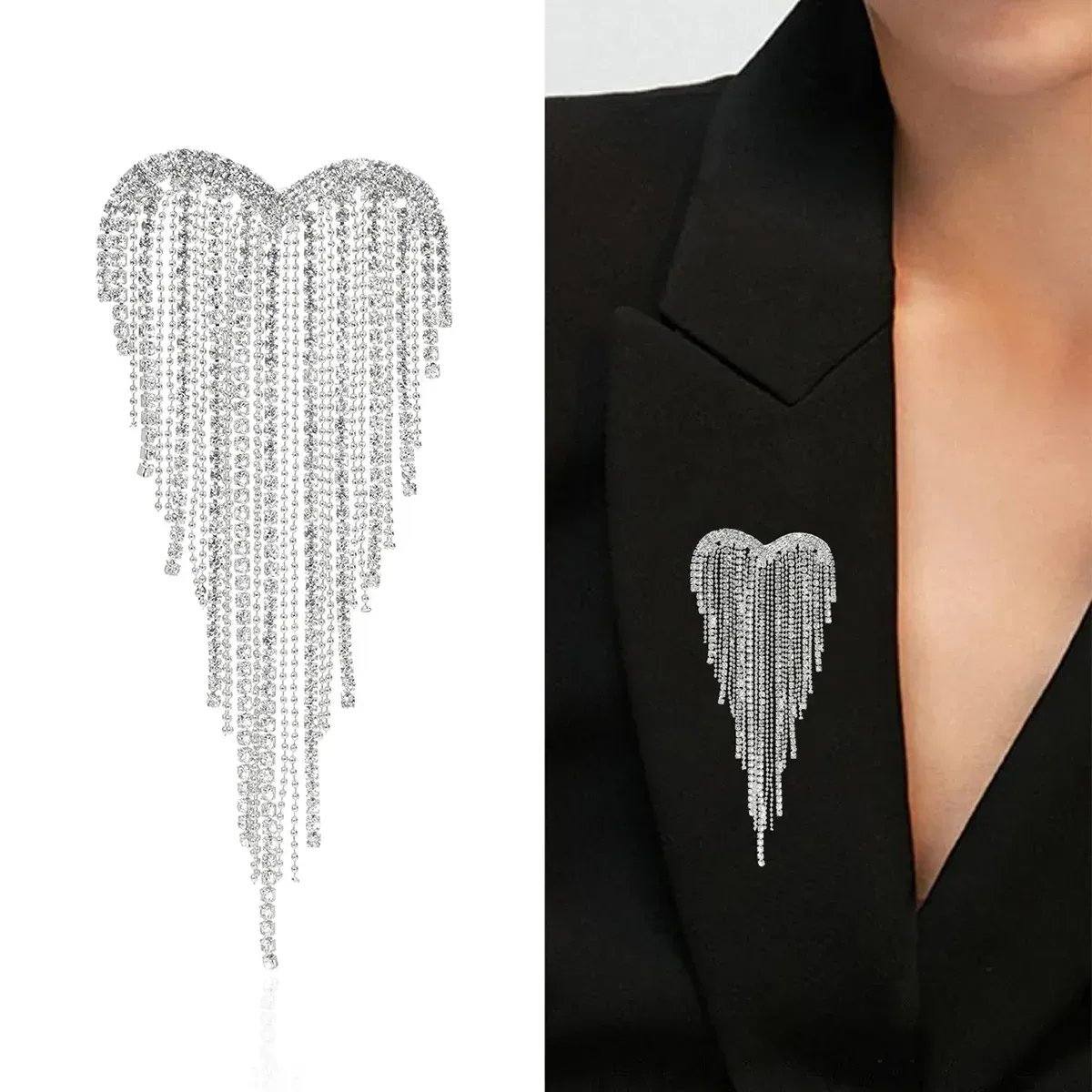 heart tassel brooch worn on a black blazer