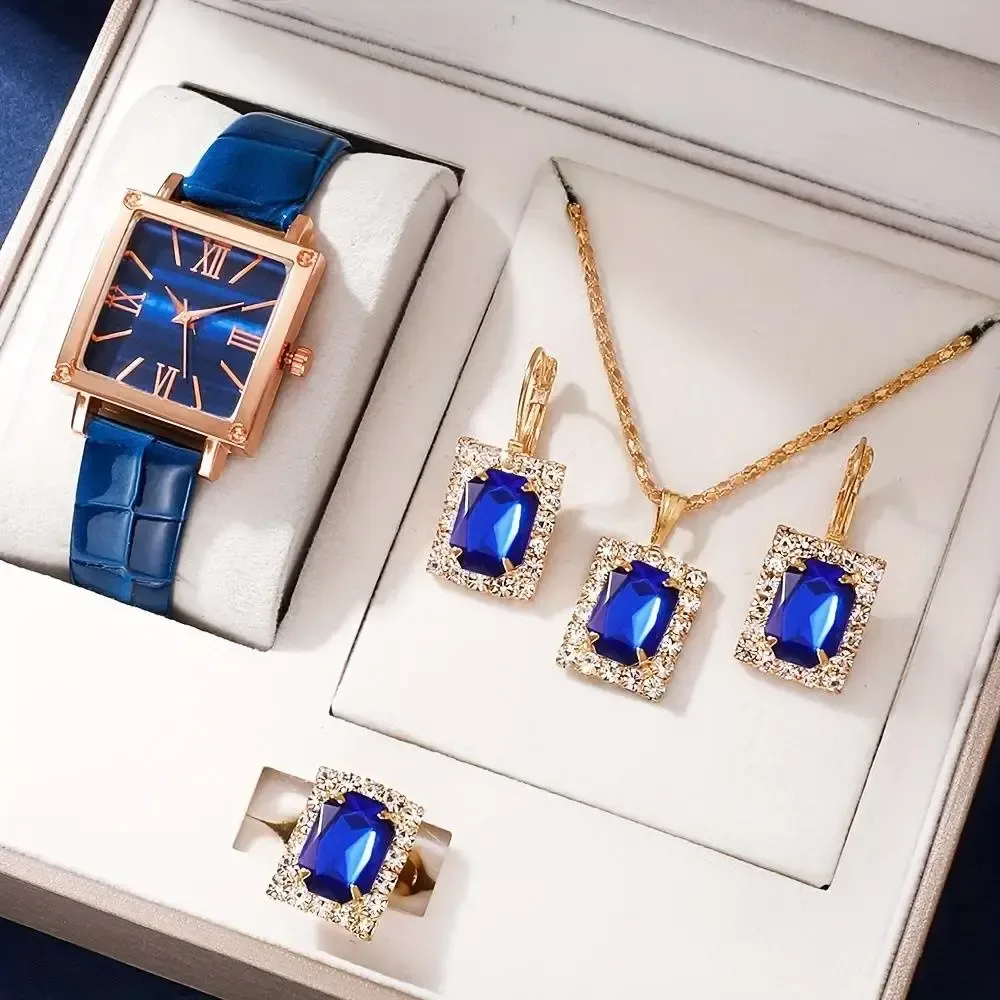 square watch and jewelry gift set with blue Roman numeral dial