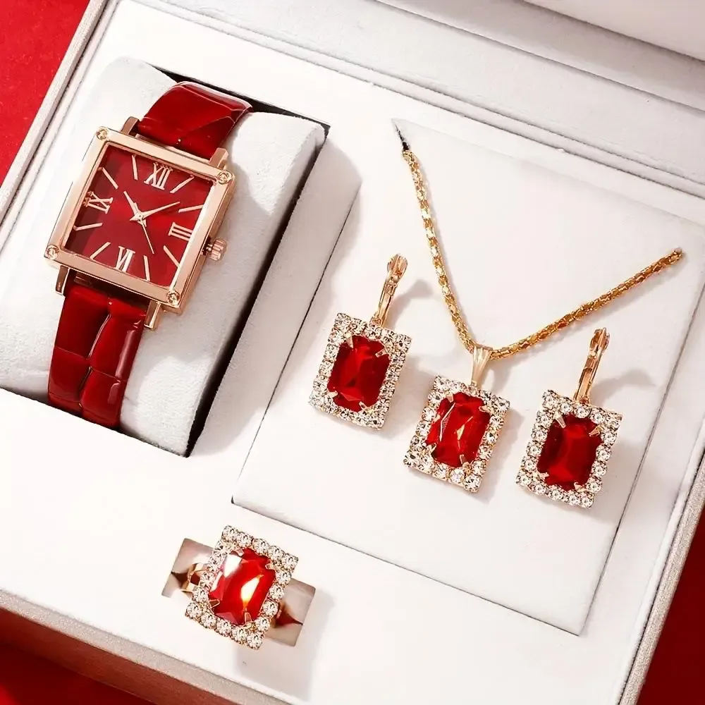 red square watch with matching necklace, earrings and ring