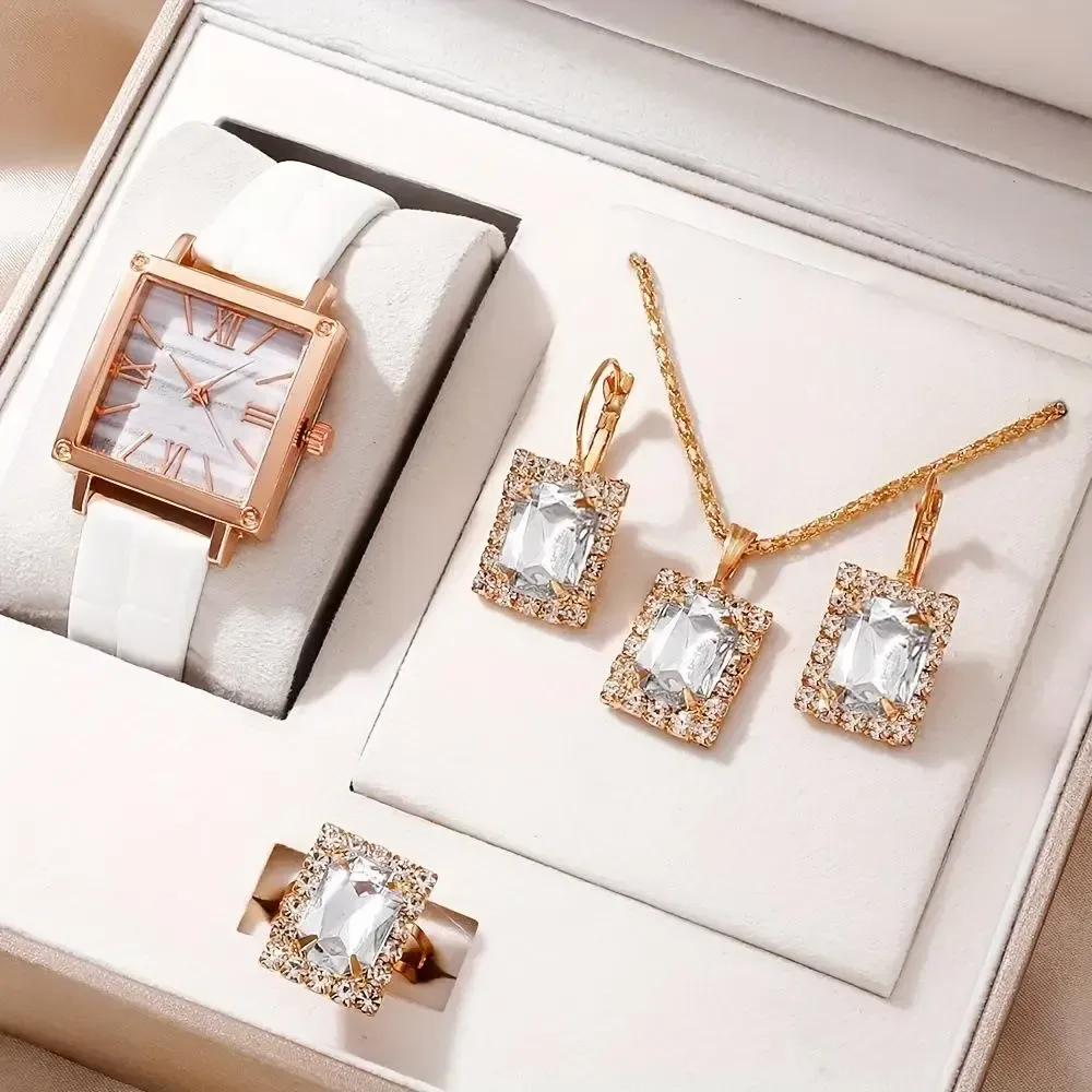 white square watch and jewelry set with clear stones