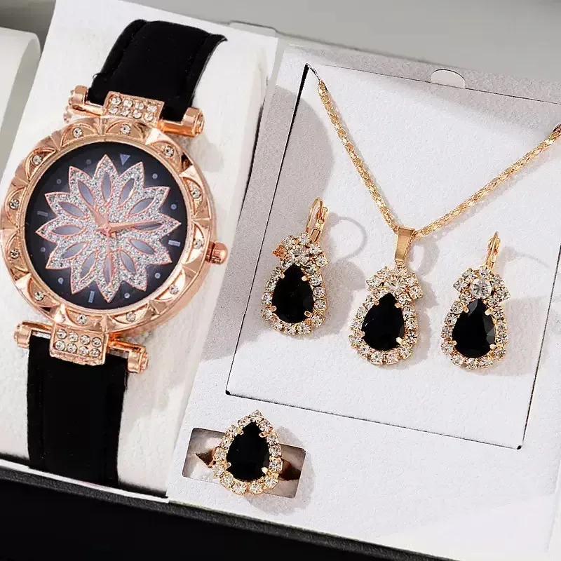 black flower dial watch and teardrop jewelry set