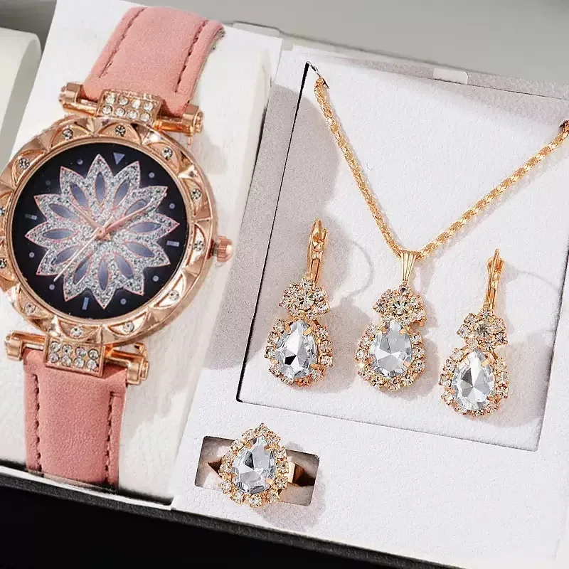 pink strap flower dial watch and teardrop jewelry set