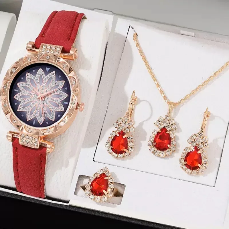 red flower dial watch and teardrop jewelry set