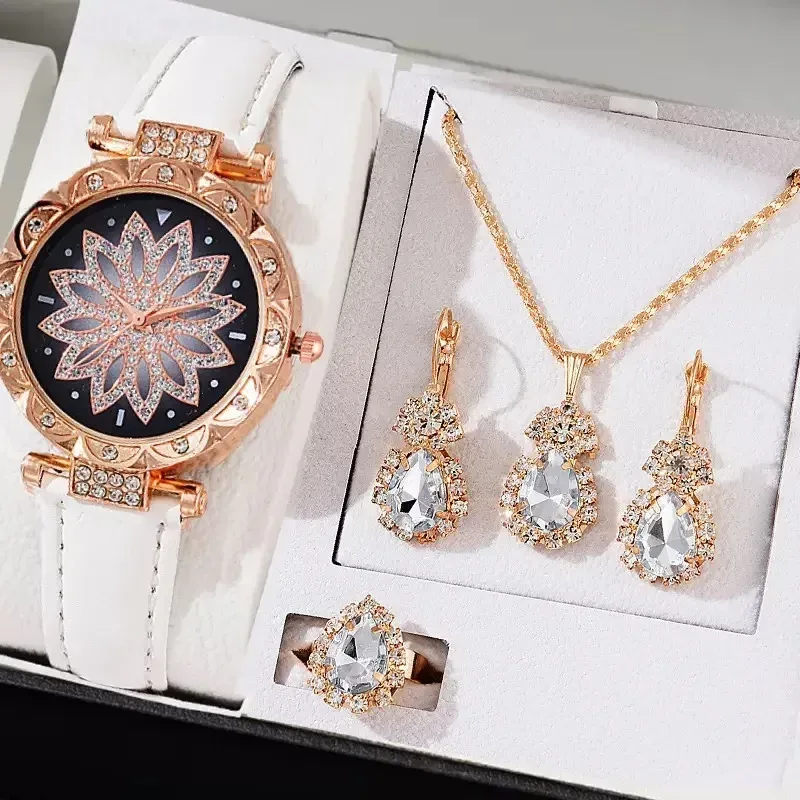 white strap flower dial watch with clear teardrop jewelry