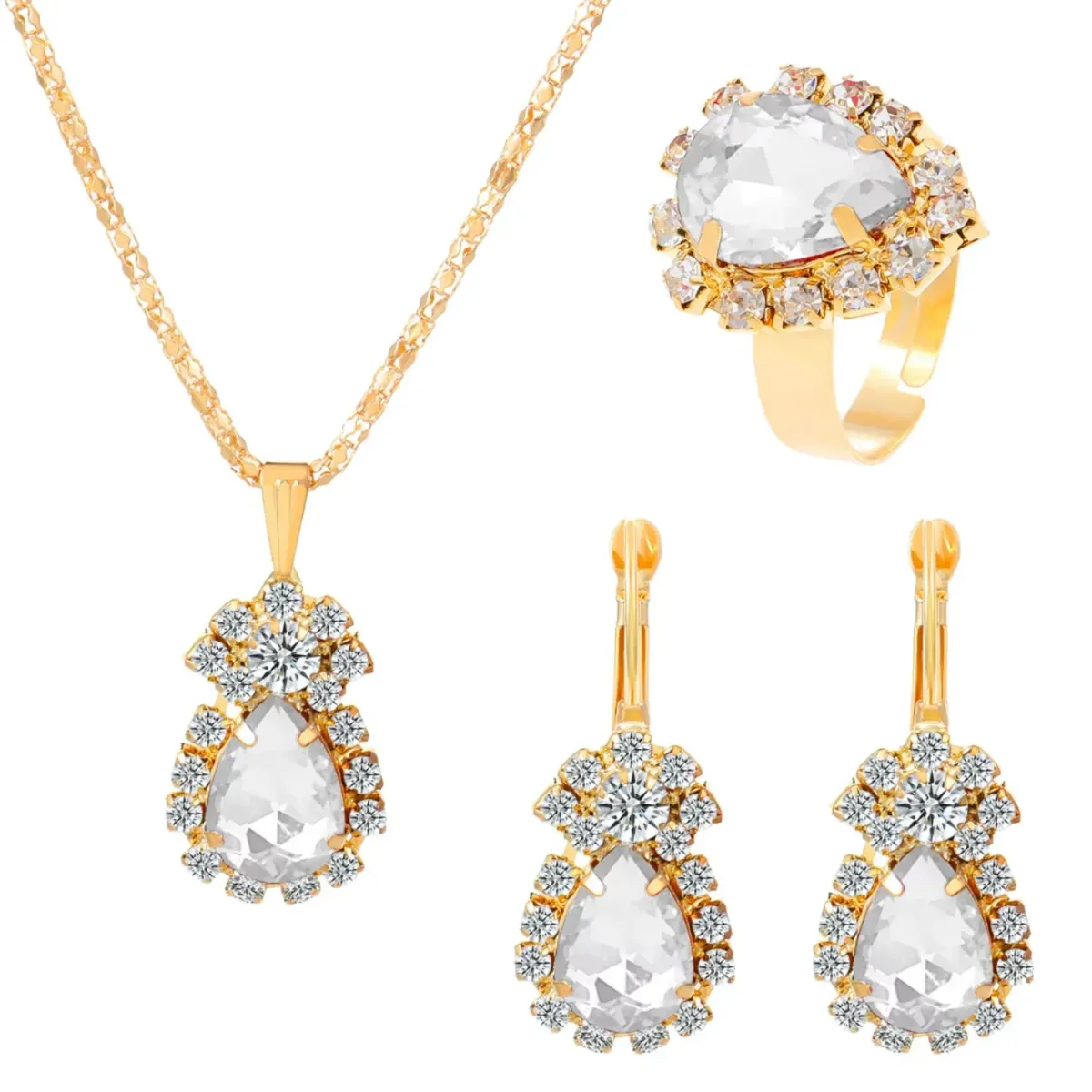 clear teardrop necklace, drop earrings and open ring
