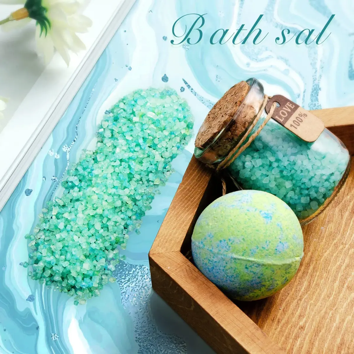 teal bath salt and bath bomb from the get well soon box