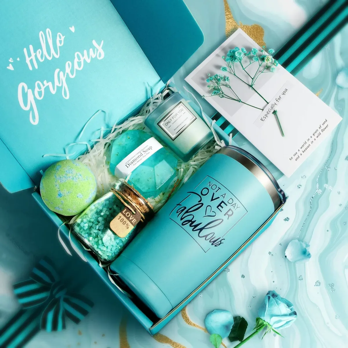 hello gorgeous lid of the teal get well soon spa gift box