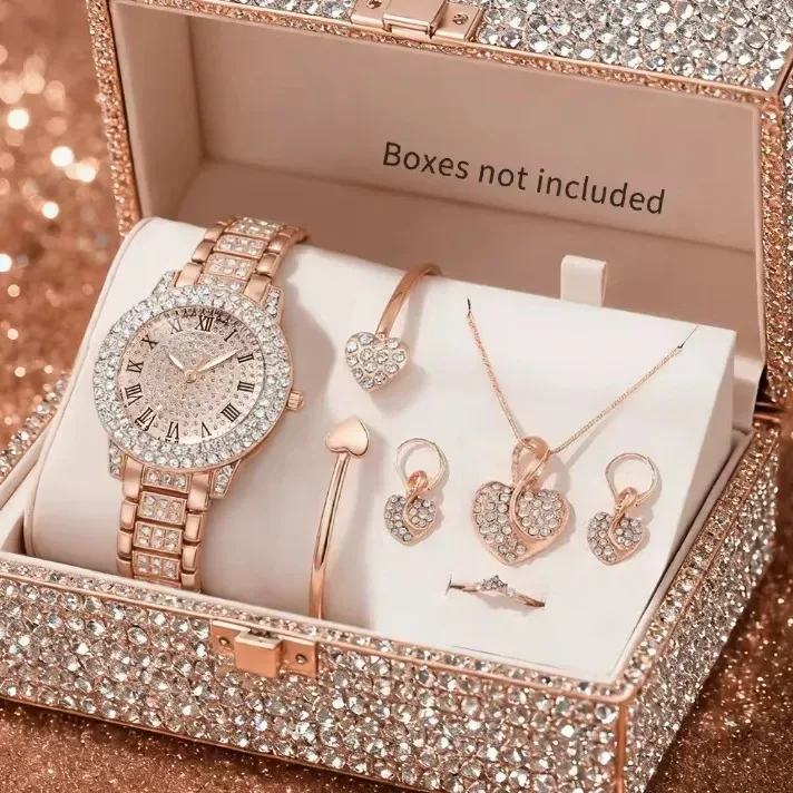 rose gold tone rhinestone watch jewelry set
