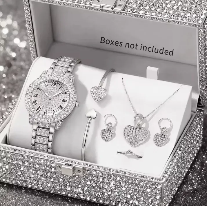 silver tone rhinestone watch with heart necklace and heart earrings