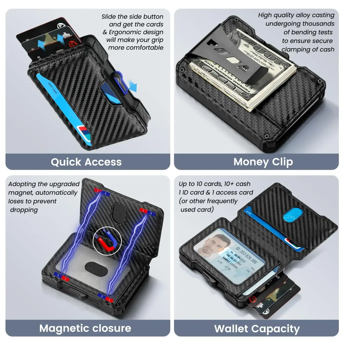 how the slim pop up card wallet works: side button, money clip, magnet, capacity