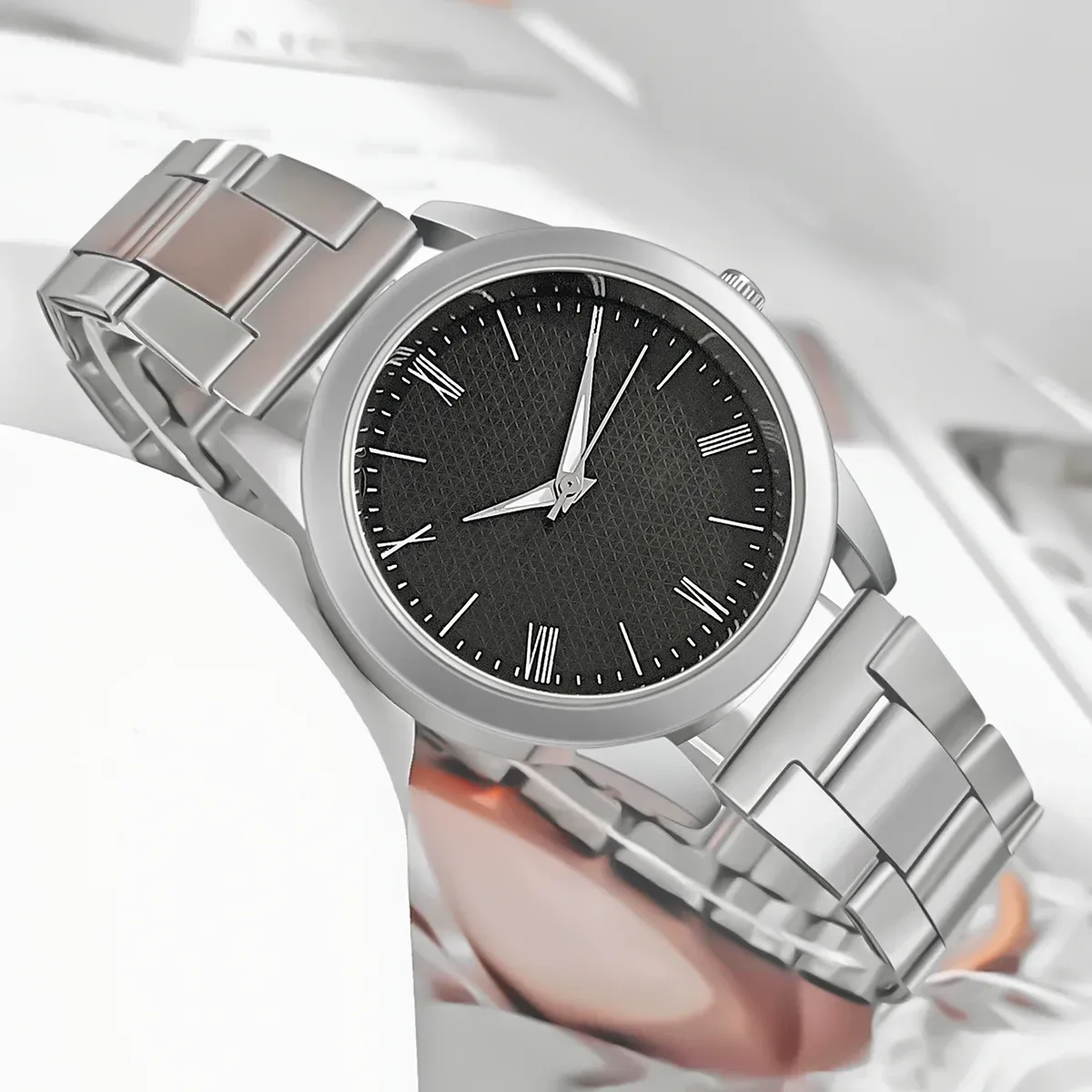 close view of the textured black dial with Roman numerals