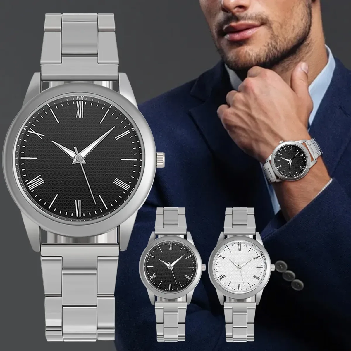 Roman numeral quartz watch worn on the wrist with a suit