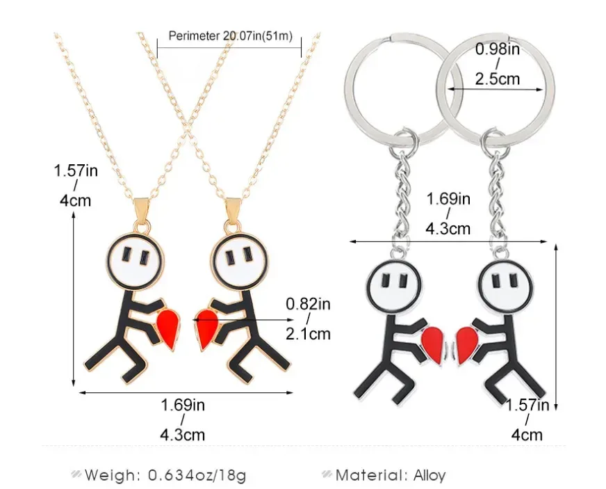 size guide for the matching couple necklaces and keychains