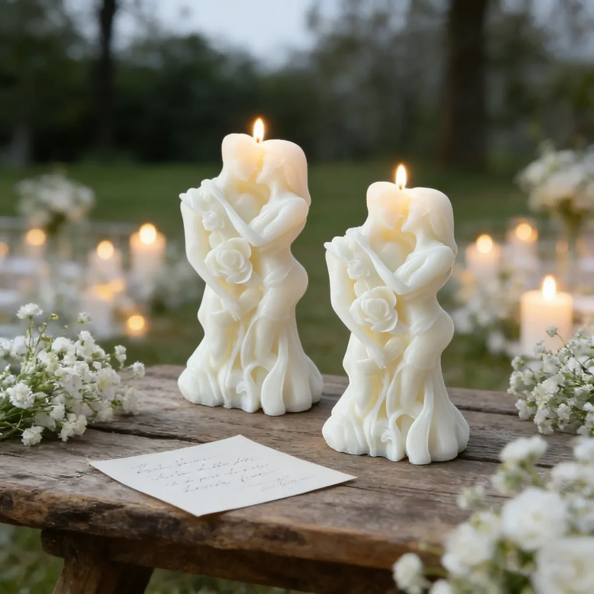 a matching pair of embracing couple candles