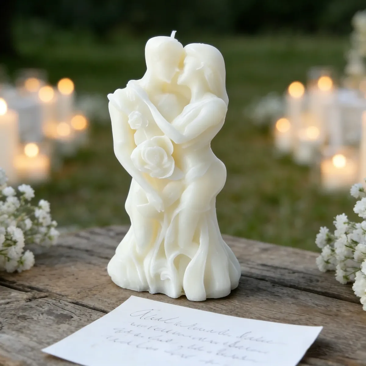 embracing couple candle with a sculpted rose between the figures