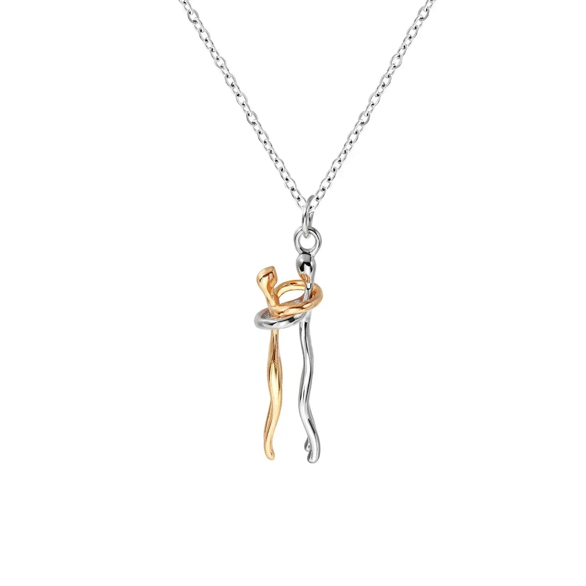 two tone embracing couple pendant on a silver tone chain