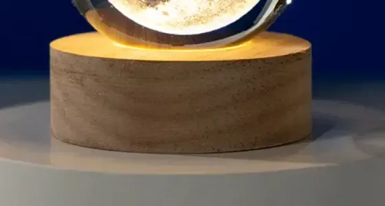 round wooden base of the crystal ball night light lit from inside