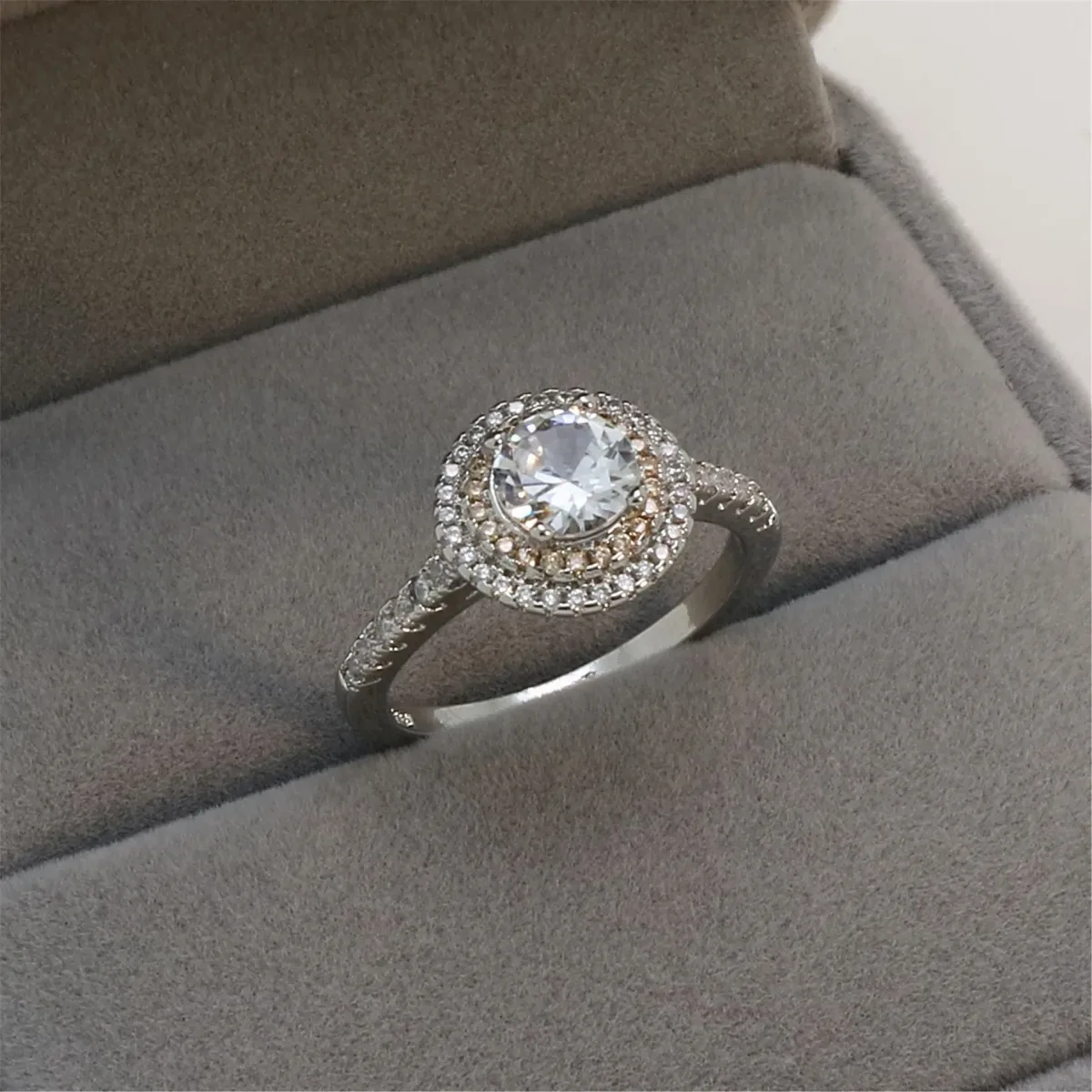 champagne inner halo of the round halo cubic zirconia ring
