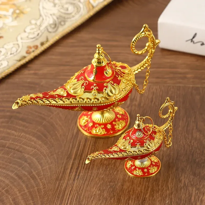 red and gold wish lamp with lid on a chain