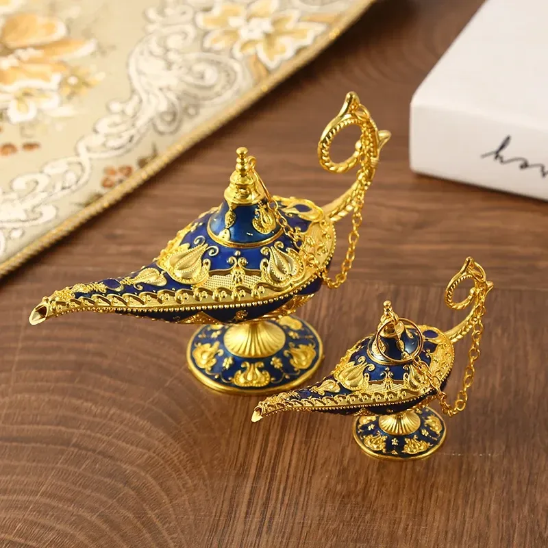blue and gold wish lamp with raised pattern