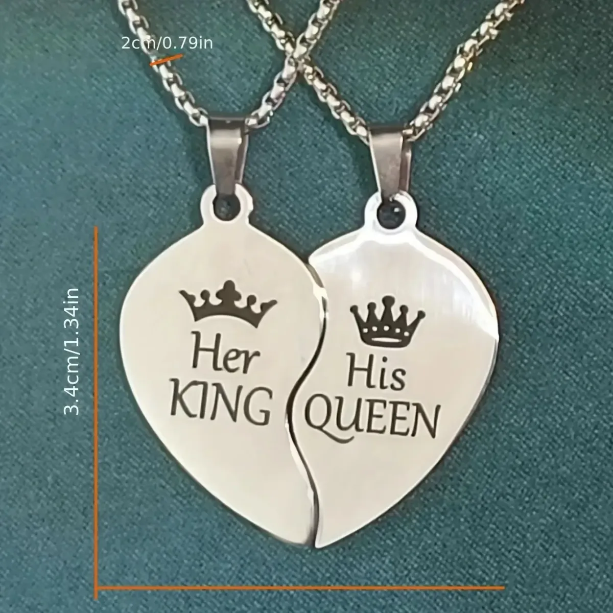 Her King His Queen split heart necklace size, 3.4 cm tall