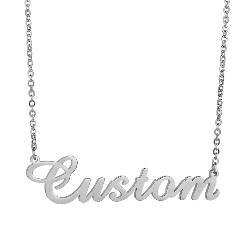 script name pendant on a fine chain in silver tone